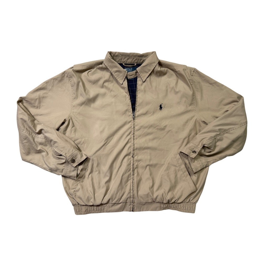 Polo Ralph Lauren Harrington Jacket Mens Large Khaki Tan Full Zip Plaid Lined